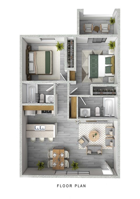 Floor plan for 2 beds, 2 baths, 880 sqft